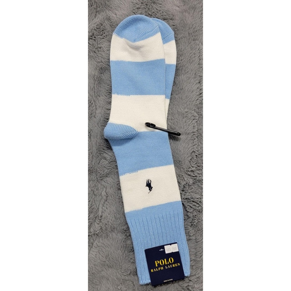 Polo Ralph Lauren Socks Mens 10-13 Blue White Rugby Stripe Pony Crew Mid Calf